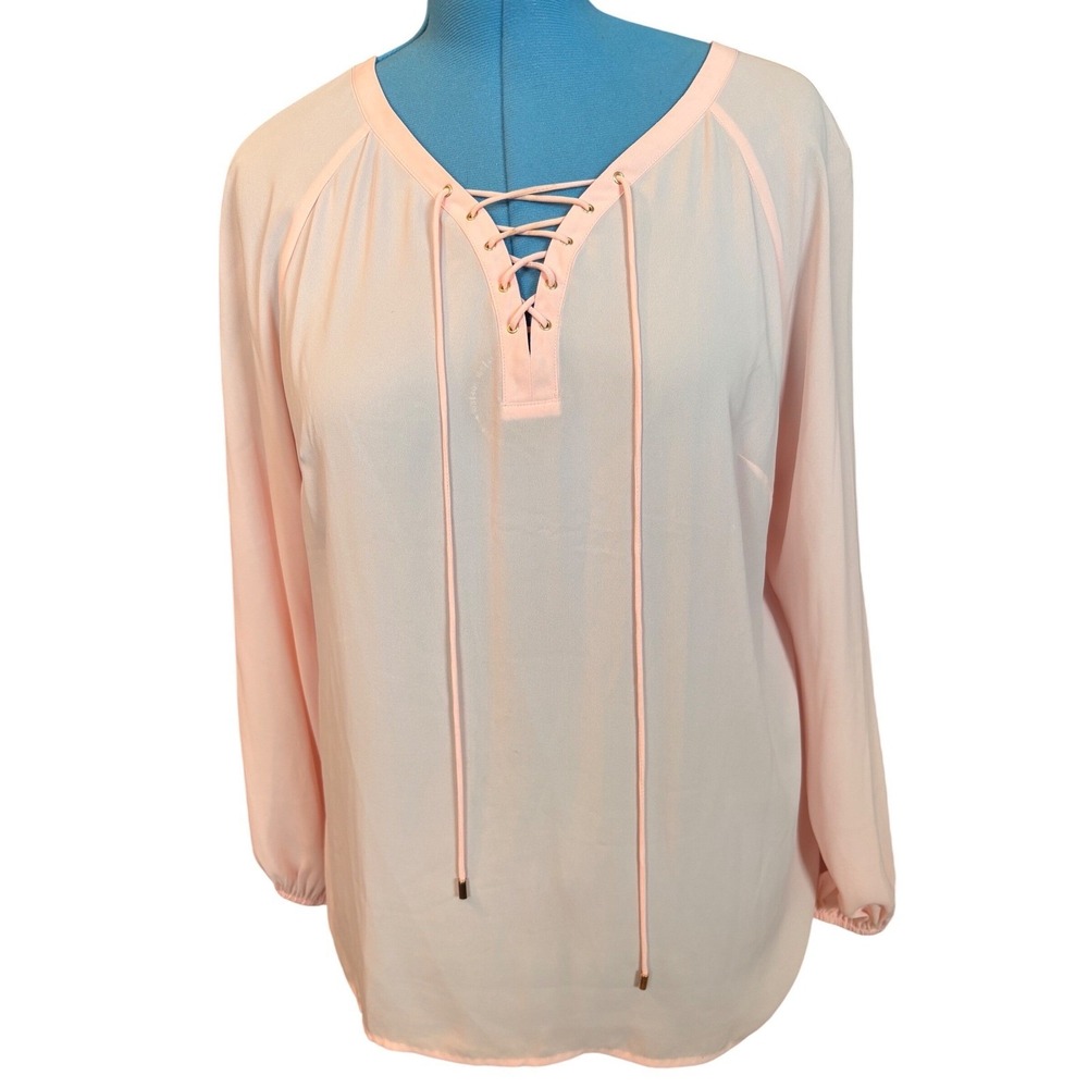 Worthington‎ Peach Pink Lace Up V-Neck Long Sleeve Blouse XL